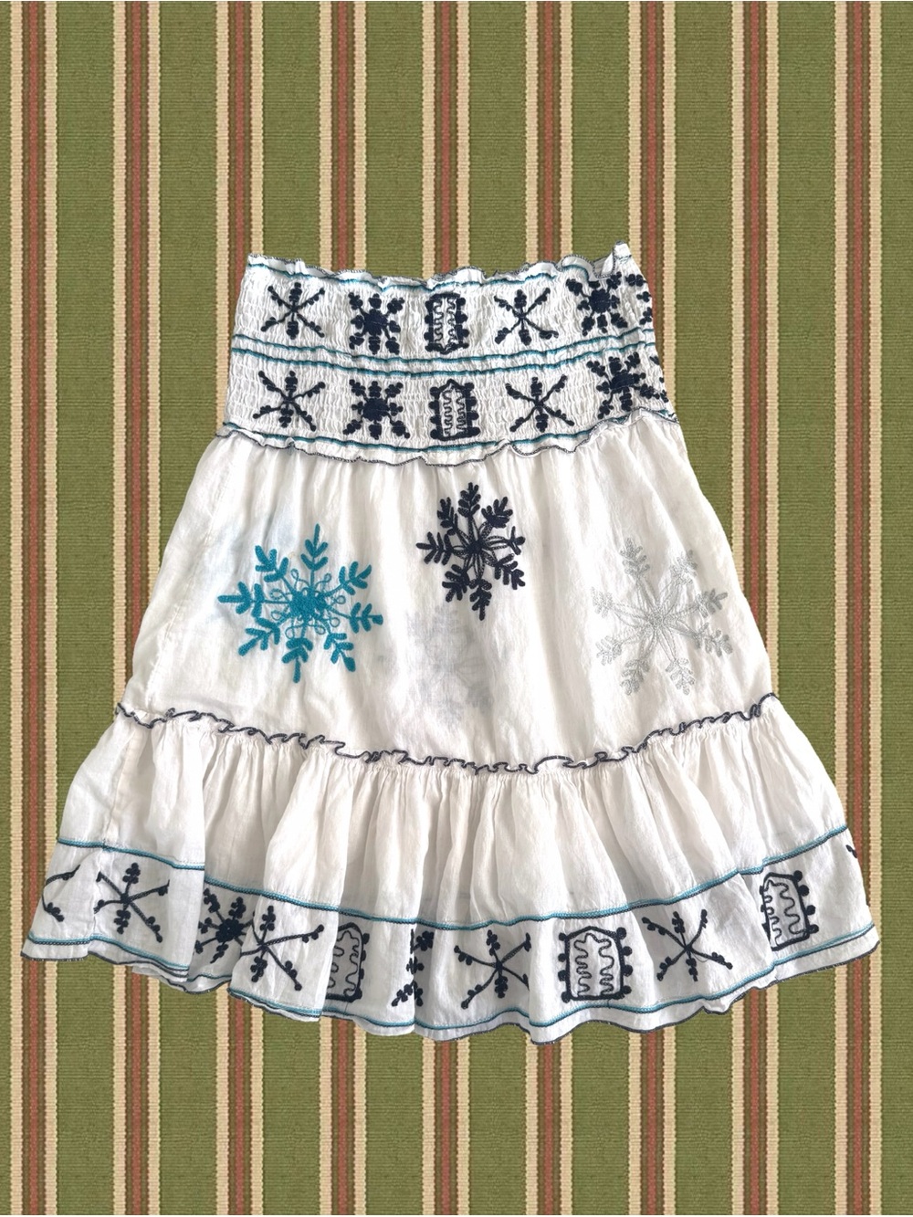 White Tiered Embroidered Skirt with Blue Snowflake Accents